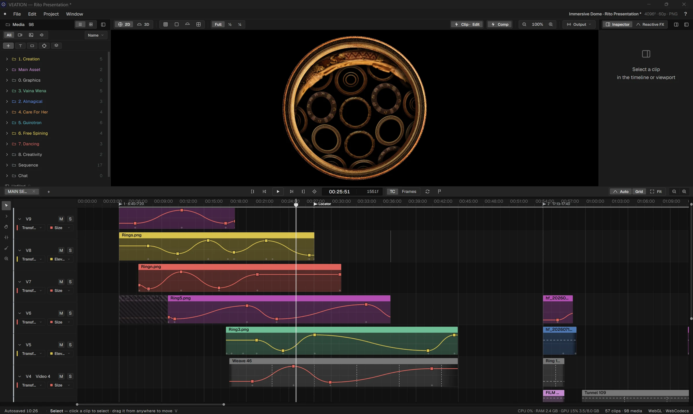 VEATION timeline with automation curves and the dome master in the viewer