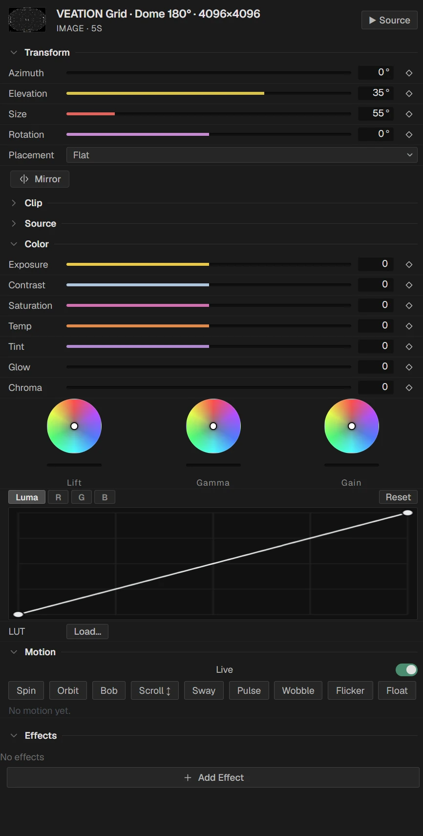 Inspector: transform, color wheels, curves and Motion presets