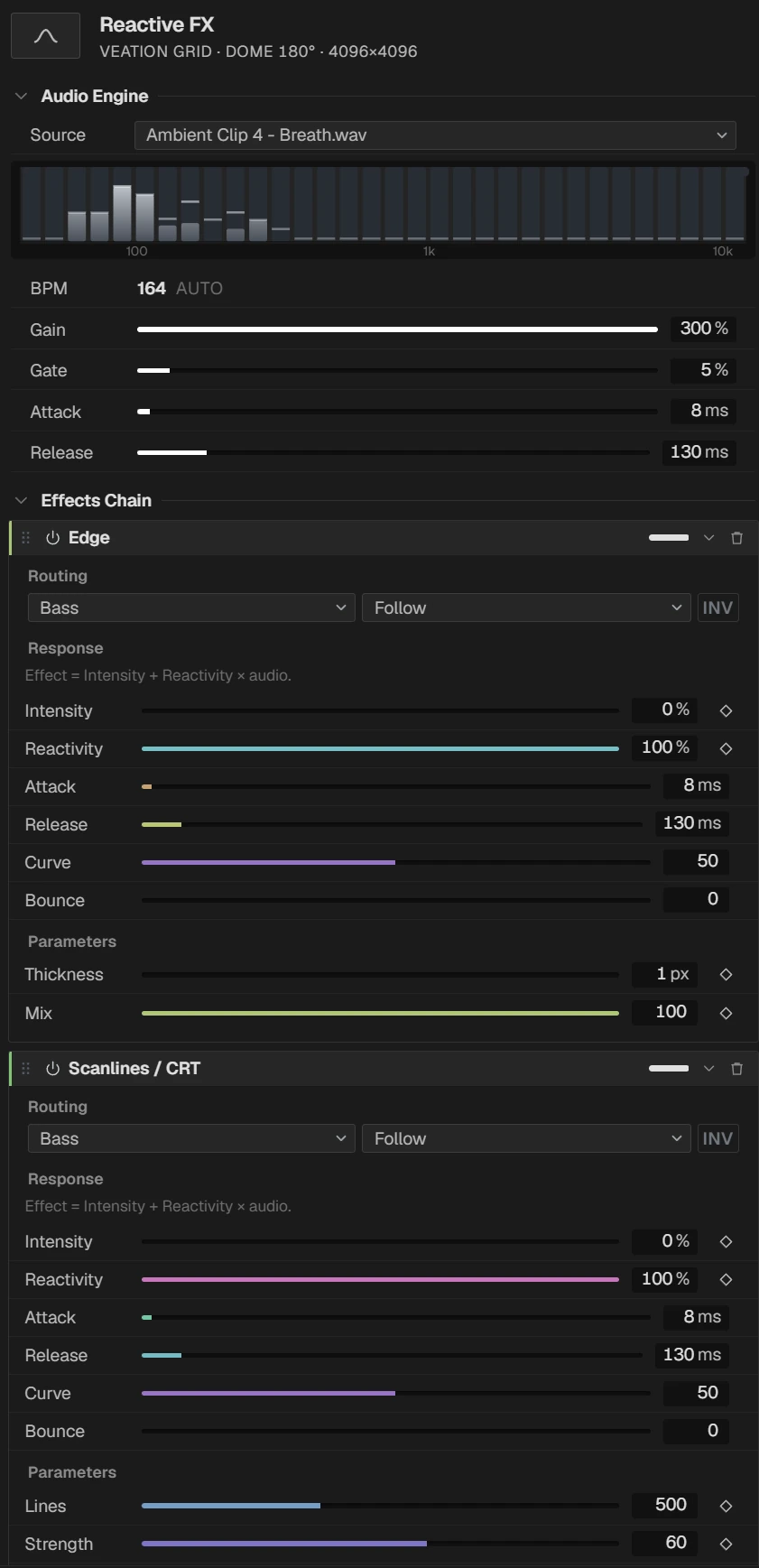 Reactive FX: audio engine with spectrum and an effects chain